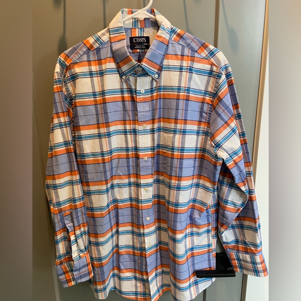Chaps Long Sleeve light blue, orange & white plaid shirt.